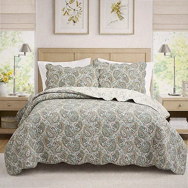 Aquamarine Turquoise Tan Brown Paisley 100%Cotton Quilt Set, Bedspread, Coverlet