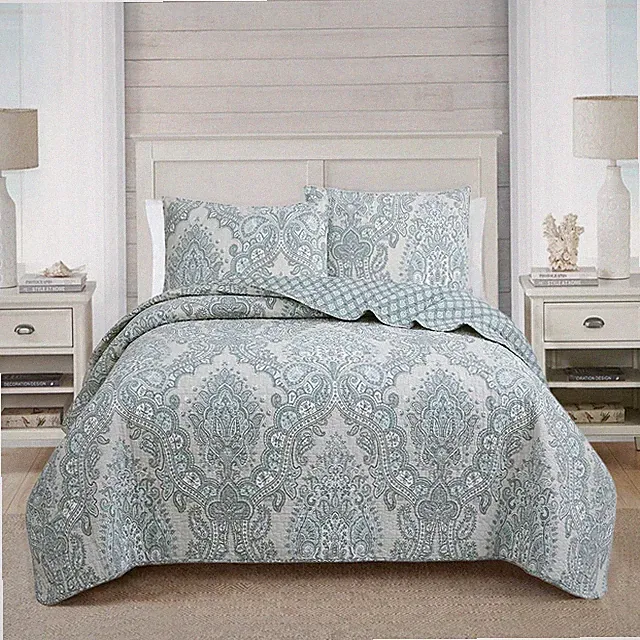 Blue Ornate Paisley Medallion Grey 100%Cotton Quilt Set, Bedspread, Coverlet
