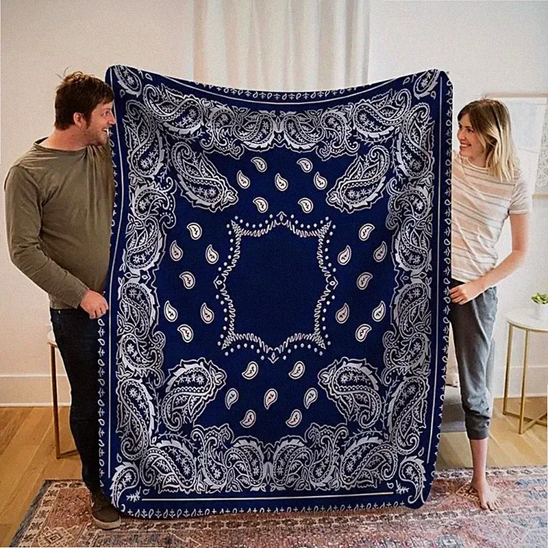 Blue Paisley Flannel Blanket Soft Cozy Throw Boho Decor