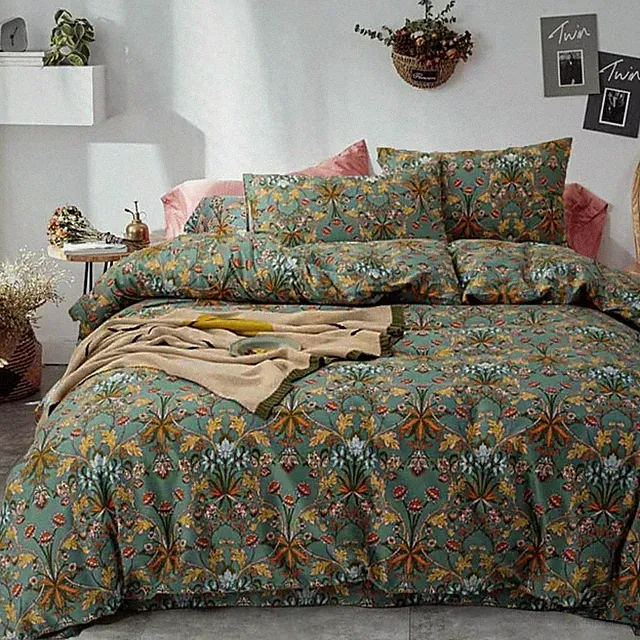 Boho Duvet Cover Queen Bohemian Paisley Green Floral Print Duvet Cover Set