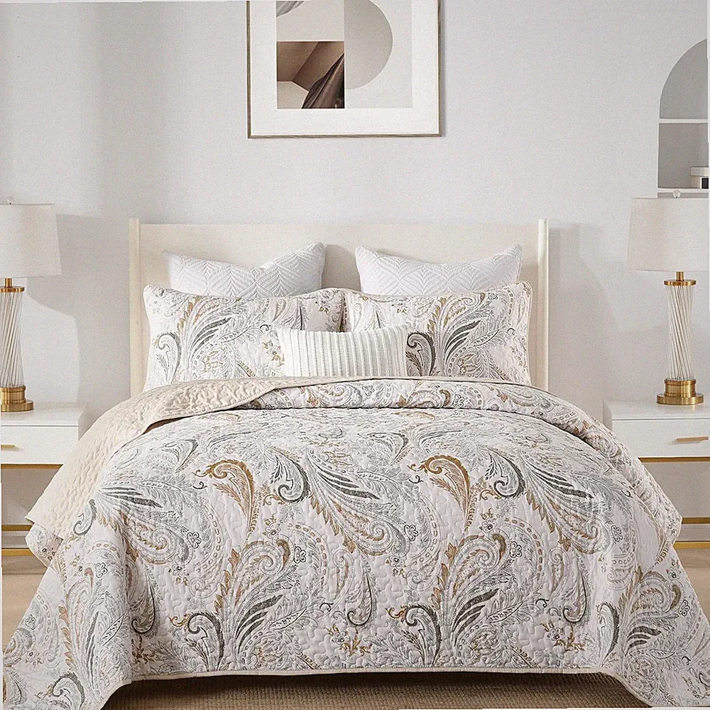 Boho Quilt Set Oversize Queen Size,Beige Paisley Floral Pattern Bedspread Coverl