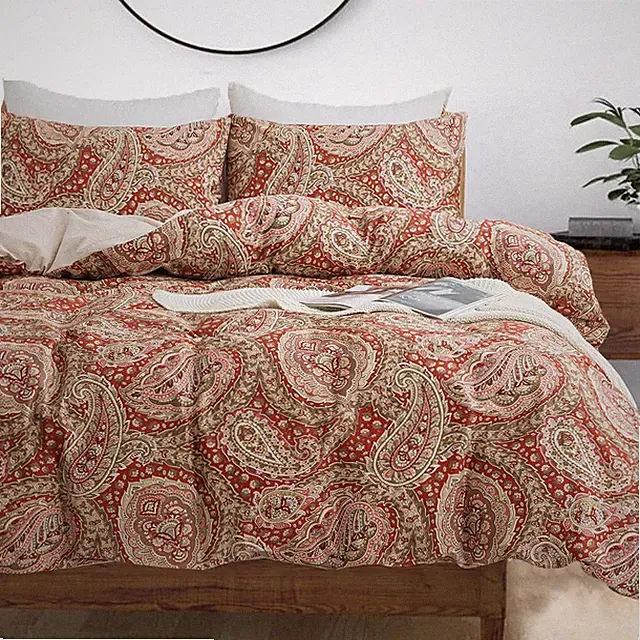 Burgundy Duvet Cover Set Queen Size 100% Percale Cotton Red Beige Paisley Com...