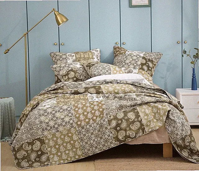 DaDa Bedding Bohemian Patchwork Paisley Floral Olive Green Brown Bedspread Set