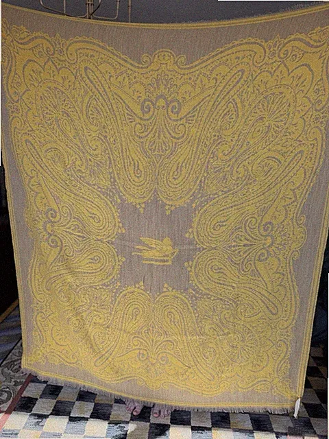 Etro Home Collection Paisley Wool Throw Blanket Yellow Gray 6x5ft Fringed Edges