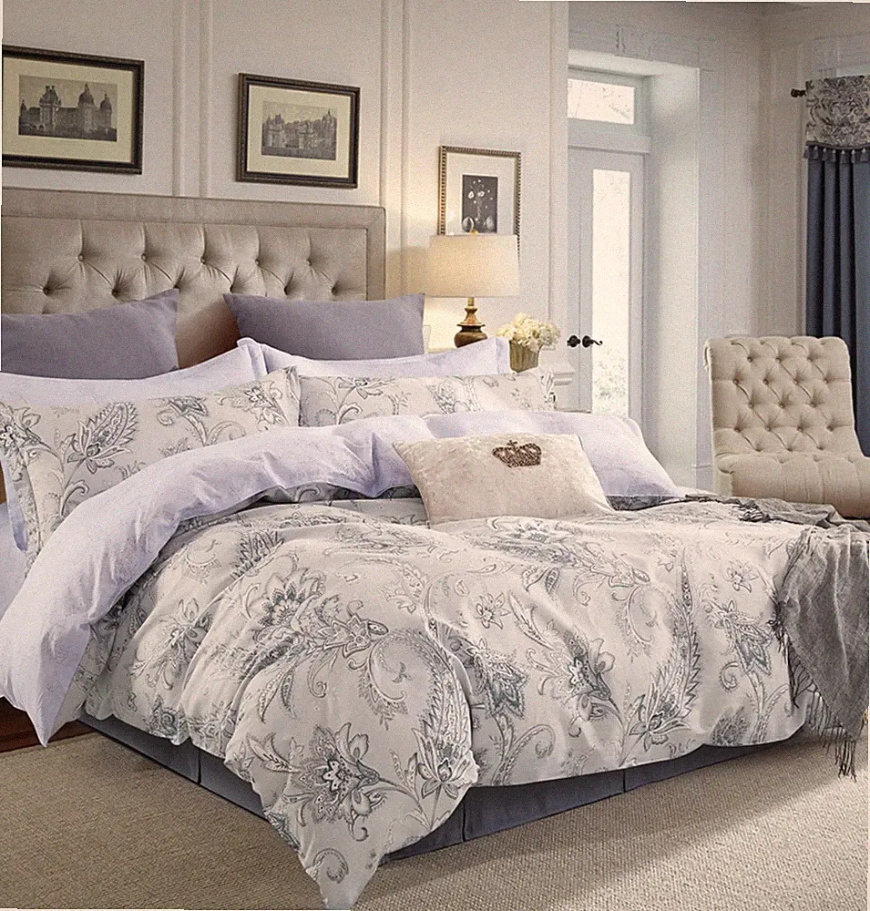 Gray Paisley Print 100% Cotton Bedding Set: 3pc or 5pc Duvet Cover Set All Sizes