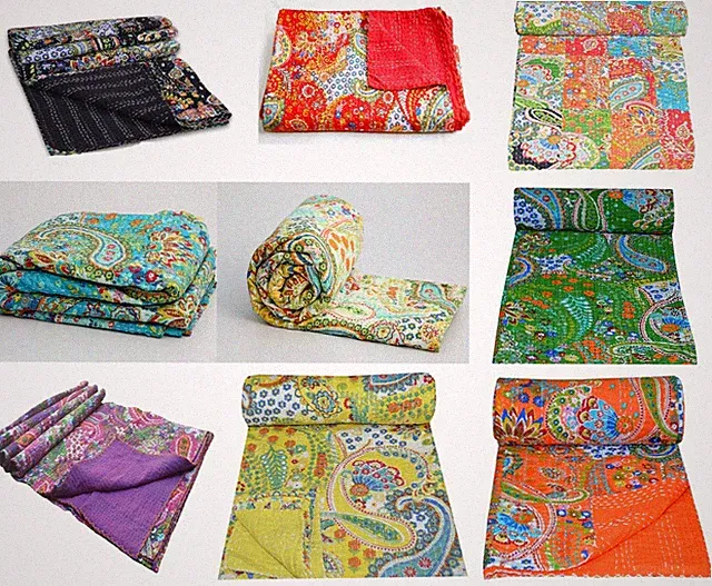 Indian Paisley Print Cotton Kantha Quilt Bedspreads Throw Kantha Bedding Blanket
