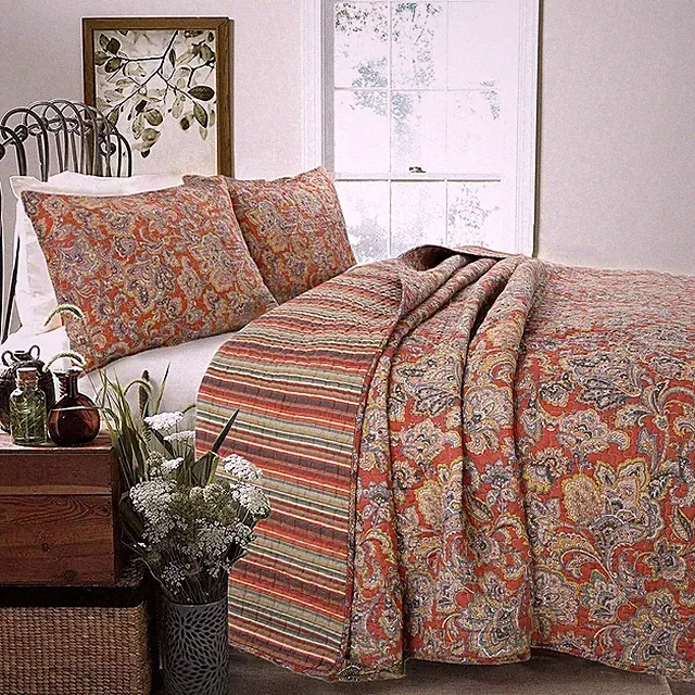 Lara Spice Paisley Reversible 100%Cotton Quilt Set Bedspread Coverlet Daybed