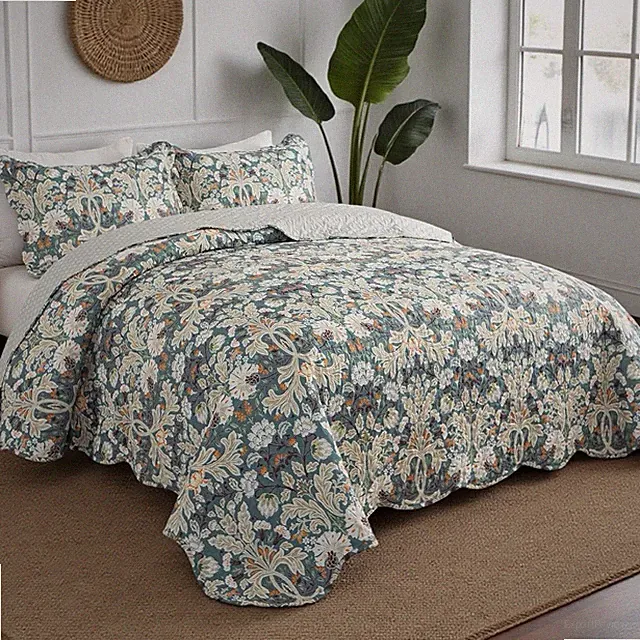 NEW Anthro Teal Floral Reversible Paisley Queen / King Bedding Quilt & Sham Set