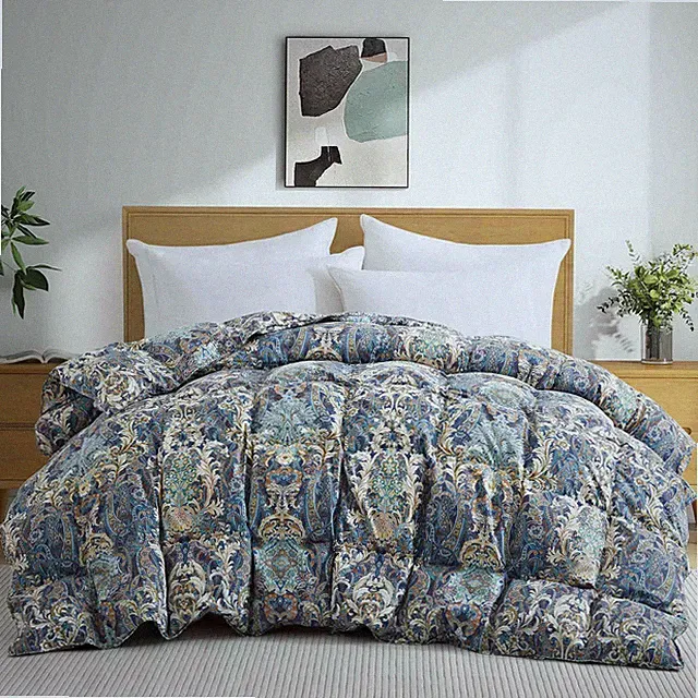Noise Free Boho Paisley Flower Print Down Comforter, King or Queen Bed Blanket