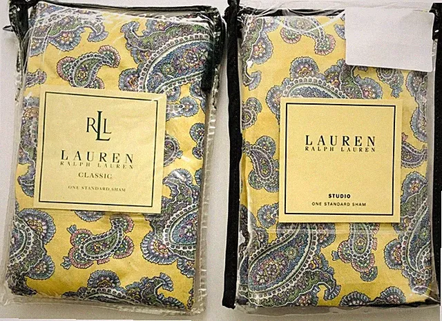 Ralph Lauren 2 PAISLEY SHAMS standard ~ STUDIO pale yellow blue ~ NEW