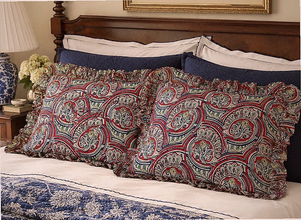 Ralph Lauren Paisley Standard Ruffled Shams Pair Red Blue Grandmillennial Vtg