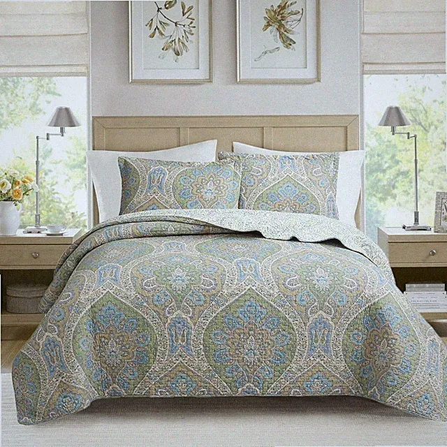Tweedia Blue Green Floral Paisley 3PC 100%Cotton Quilt Set, Bedspread, Coverlet