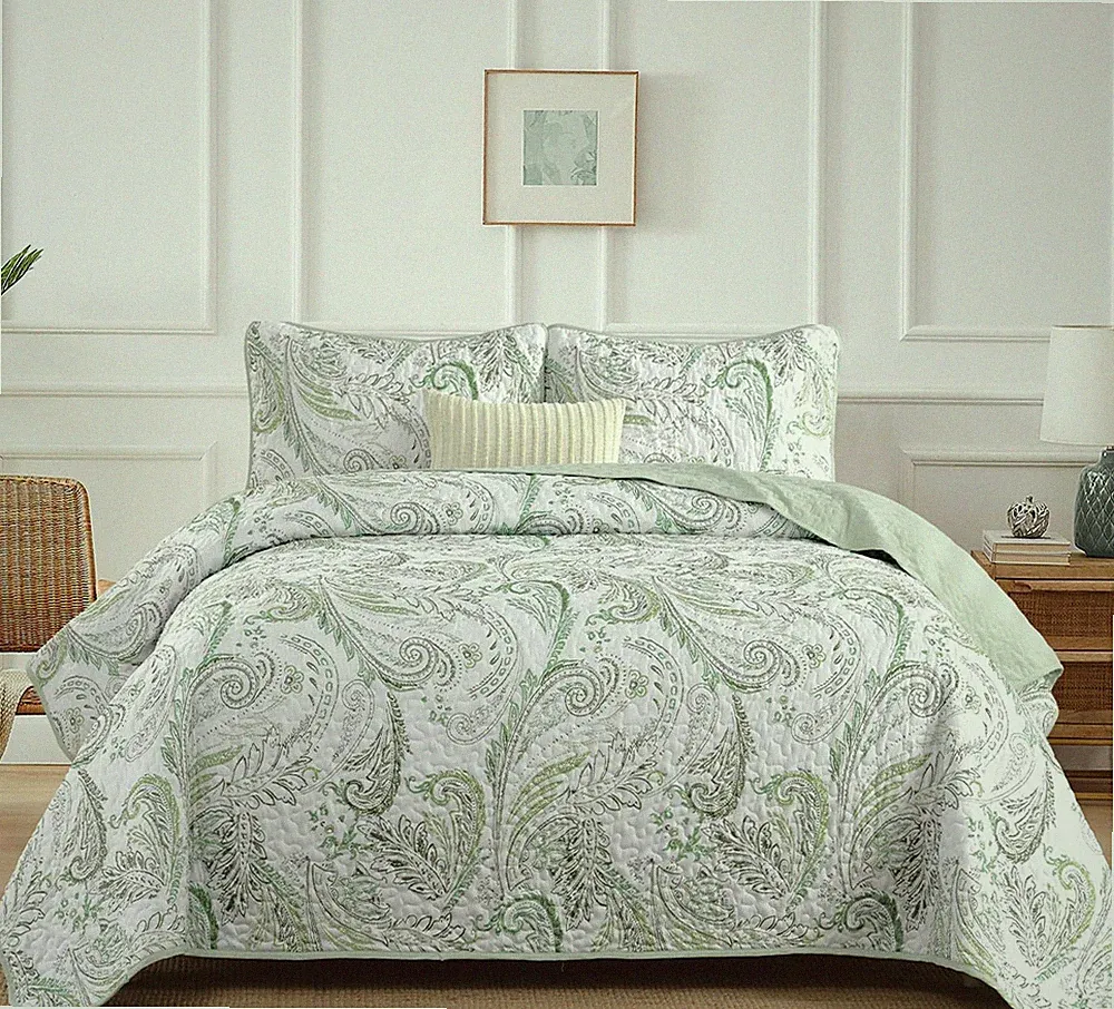 WONGS BEDDING Boho Quilt Set Queen,Green Paisley Queen (96"W×90"L), Green